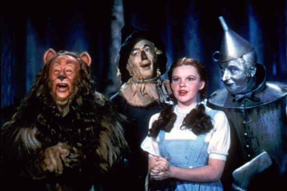 With Bert Lahr as the Cowardly Lion, Ray Bolger as the Scarecrow, Judy Garland as Dorothy, and Jack Haley as the Tin Woodman, the stars of “The Wizard of Oz” sing together in this scene from the 1939 MGM classic film.