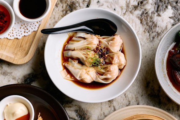Prawn wontons in soy and chilli oil.
