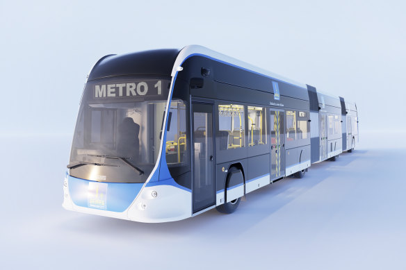 A render of the final design for the pilot Brisbane Metro vehicles, set to arrive for testing on the city’s bus network in 2022.