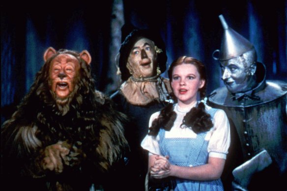 With Bert Lahr as the Cowardly Lion, Ray Bolger as the Scarecrow, Judy Garland as Dorothy, and Jack Haley as the Tin Woodman, the stars of “The Wizard of Oz” sing together in this scene from the 1939 MGM classic film.