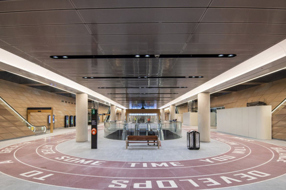 Rose Nolan’s All Alongside Each Other  at Central Station is partly based on a running track. 