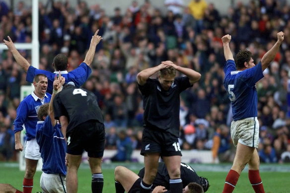 French players celebrate at the end of their World Cup semi-final victory over New Zealand.