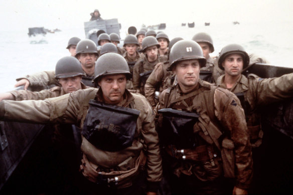 Tom Hanks, right, and Tom Sizemore, left, appear in a scene from the movie Saving Private Ryan.