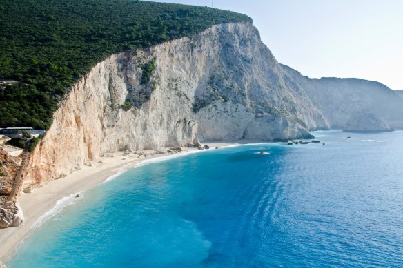 Gorgeous fine shingle beaches backed by sheer white cliffs are typical of Greek islands on the Ionian Sea.