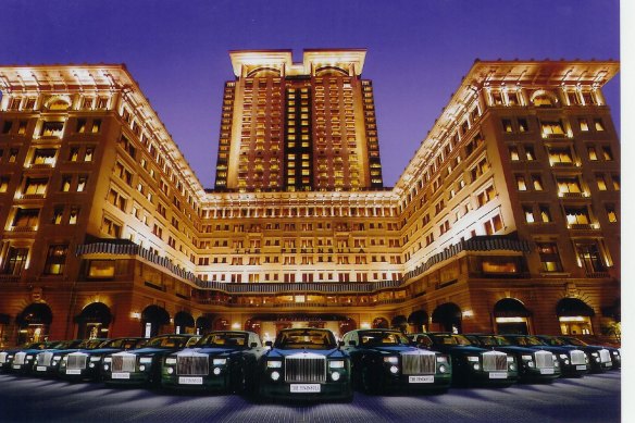 The Peninsula Hong Kong and its famous fleet of green Rolls-Royces. 