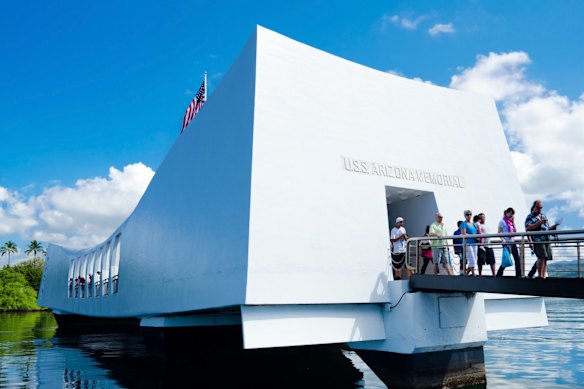 The memorial above the underwater tomb of the USS Arizona.