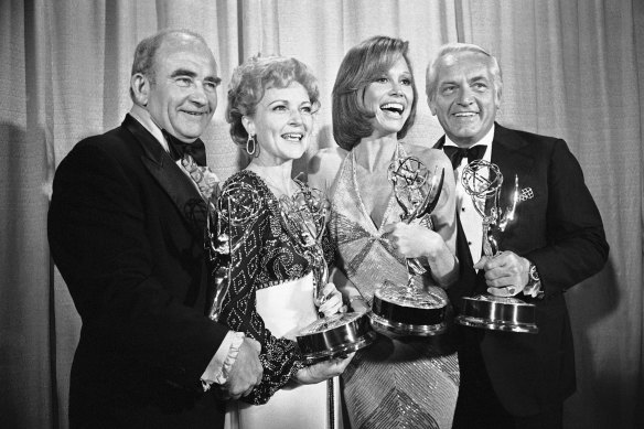 Ted Baxter was the role of a lifetime for Ted Knight (right), pictured with his Mary Tyler Moore Show castmates Ed Asner, Betty White and Mary Tyler Moore.