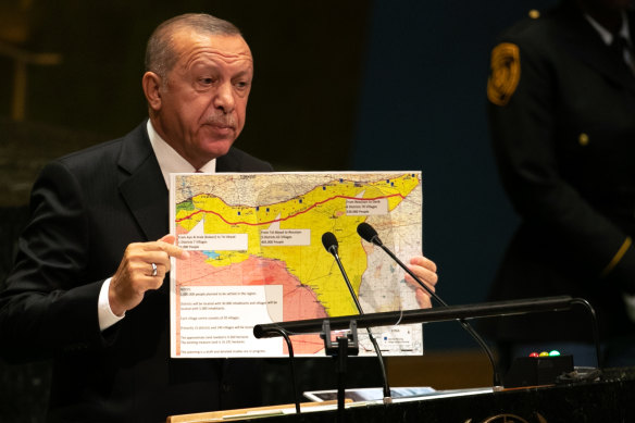 Turkish President Erdogan with his "safe zone" map at the UN in September. 