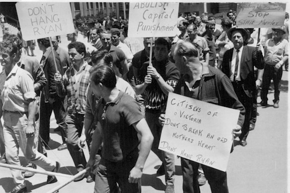 People protest against the hanging of Ronald Ryan.