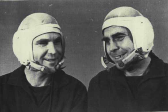 Soviet Cosmonauts Vladimir Shatalov (left) and Georgy Beregovoi in interval between training, January 14, 1969.