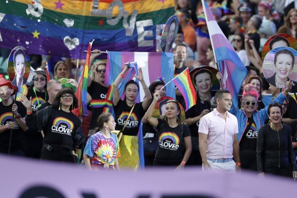 Sydney’s Mayor Clover Moore, bottom right, marches in the Gay and Lesbian Mardi Gras parade.