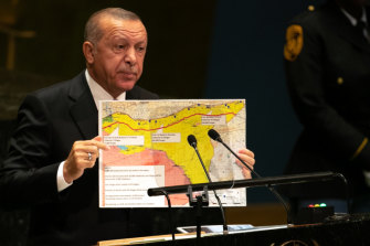 Turkish President Erdogan with his "safe zone" map at the UN in September.