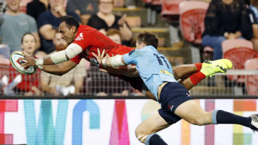 Full flight: Semisi Masirewa scores one of his two tries for the Sunwolves against the Waratahs in March. It was the low point in the home side's season.