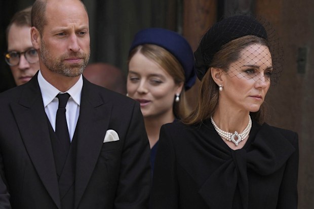 Britain’s Prince William and Britain’s Kate, Princess of Wales, leave after the Requiem Mass service for the Duchess of Kent at Westminster Cathedral in London, Tuesday, Sept. 16, 2025