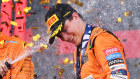 Australia’s Oscar Piastri (right) and McLaren race engineer Tom Stallard celebrate on the podium.