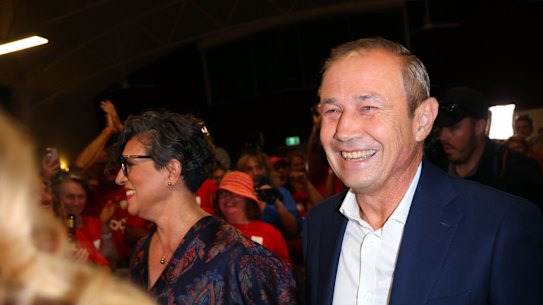 Roger Cook and wife Carly lane arrive at Medina Hall after being re-elected as WA Premier. 
