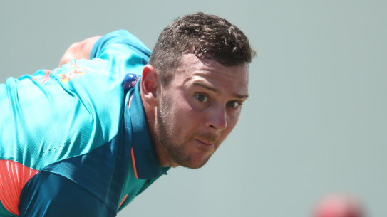 Josh Hazlewood bowling in the SCG nets on Monday. He remains hopeful of a recall for the Sydney Test.