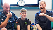  Prince Harry - pictured here meeting Wyatt Makwana, 12, who was born with a congenital diaphragmatic hernia, and his father Brian Makwana - visited Birmingham Children’s Hospital on Thursday.