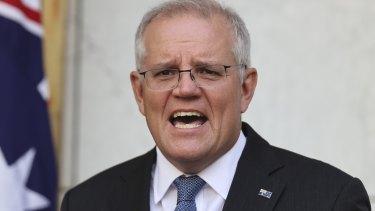 Prime Minister Scott Morrison during a press conference at Parliament House in Canberra on  Wednesday 19 January 2022. fedpol Photo: Alex Ellinghausen