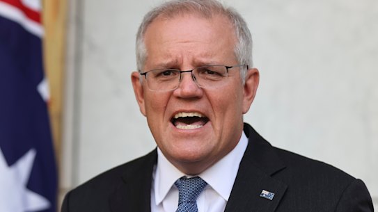 Prime Minister Scott Morrison during a press conference at Parliament House in Canberra on  Wednesday 19 January 2022. fedpol Photo: Alex Ellinghausen