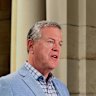 Queensland Health Minister Tim Nicholls speaking on Saturday.