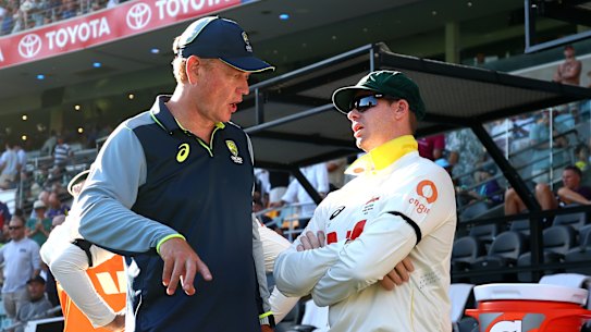 Under the pump: Australian coach Andrew McDonald and Steve Smith pictured during the Ashes series.