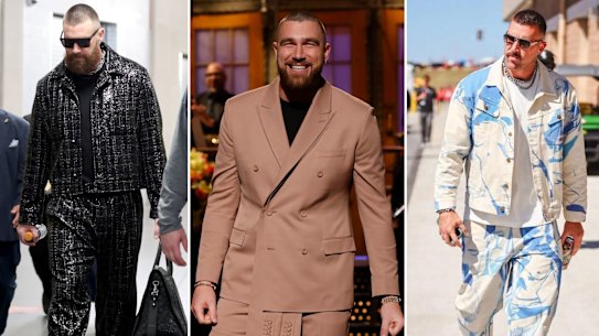 Travis Kelce entering this year’s Super Bowl in custom Amiri; hosting ‘Saturday Night Live’ in Dior by Kim Jones; in a KidSuper two-piece ’1989 Bedroom Painting’.