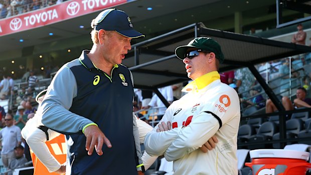 Under the pump: Australian coach Andrew McDonald and Steve Smith pictured during the Ashes series.