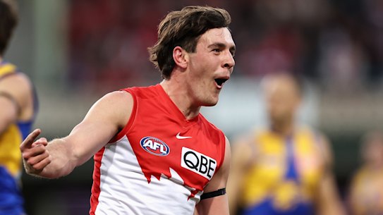 Errol Gulden celebrates a goal at the SCG on Saturday.