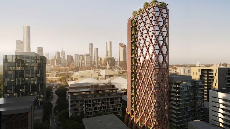 Strangler fig-inspired 350-unit car-free co-living tower proposed for South Brisbane