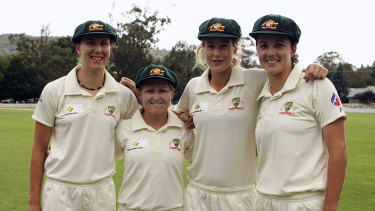 Ellyse Perry (second from right) during her Test debut against England in 2008 at Bradman Oval. 