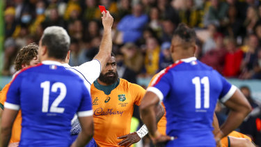 The Wallabies lead despite a red card to Marika Koroibete.