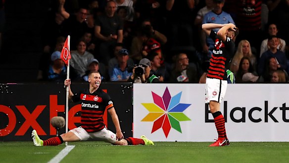Mitch Duke celebrates after scoring what turned out to be the only goal of the game.