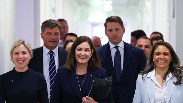 Senator Jessica Collins, opposition minister for defence Angus Taylor, Senator Sarah Henderson, Member for Canning Andrew Hastie, Senator Jacinta Nampijinpa Price, together with other Liberal MPs and senators, arrive for a Liberal party room meeting at Parliament House in Canberra.