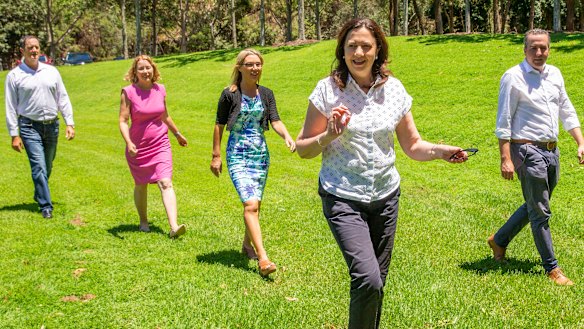 Victory lap: The Premier with new Labor MPs Jason Hunt (Caloundra), Ali King (Pumicestone), Jonty Bush (Cooper) and Jimmy Sullivan (Stafford).