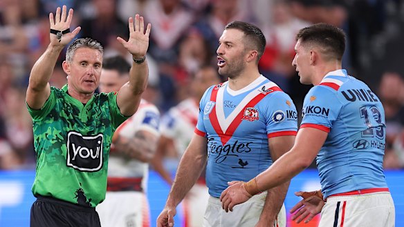 Victor Radley is sent to the sin bin on Anzac Day in 2023.