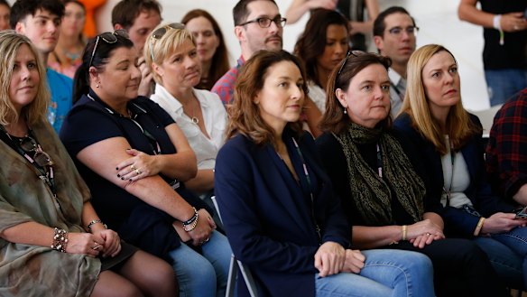 Deputy State Coroner Harriet Grahame (front row second), and Jennie Ross-King (second row, third from left) at the pill testing explanation session at Splendour in the Grass music festival.