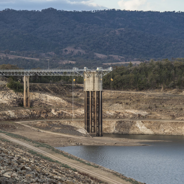 Burrendong Dam as it sank to just 4.6 per cent full in late August, 2019. Without good rains and efforts to pump so-called 'dead water', flows on the Macquarie River could cease by November.