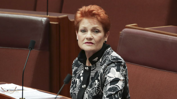 Senator Pauline Hanson during debate in the Senate at Parliament House in Canberra.