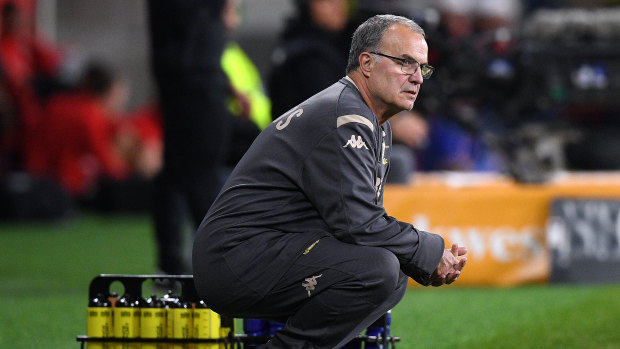Open to offers: Marcelo Bielsa looks on during Leeds' clash with Wanderers at Bankwest Stadium on Saturday night.