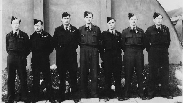 John Eppel and fellow crew members taken at their 550 Squadron base , North Killingholme 11 Nov 1944. From left to right: Johnny Harris (23) pilot, John Eppel (21) navigator, John Conway (25) bomb-aimer, Charlie Simpkins (30) flight engineer, Bob Bickford (20) wireless operator, Bill Waddell, (19) mid-upper gunner, Brian Barby (19) rear gunner.