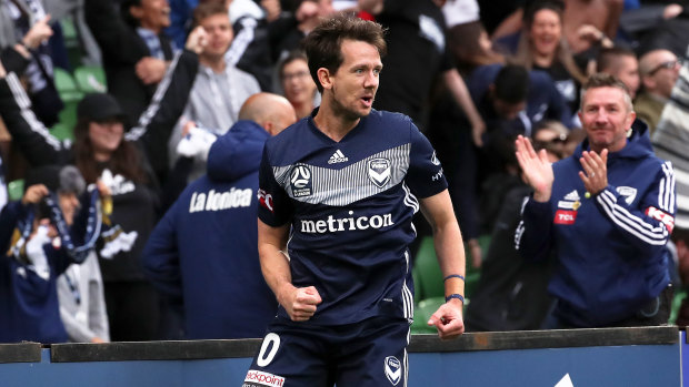 Shooting star: Melbourne Victory striker Robbie Kruse celebrates after opening the scoring against Newcastle at AAMI Stadiium.