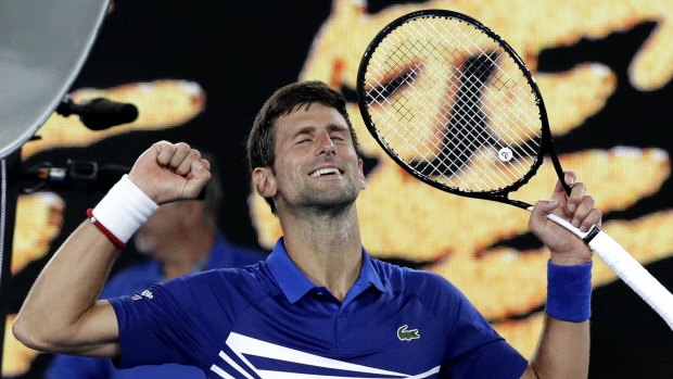 Fit and firing: Novak Djokovic celebrates after defeating Mitchell Krueger in the first round.