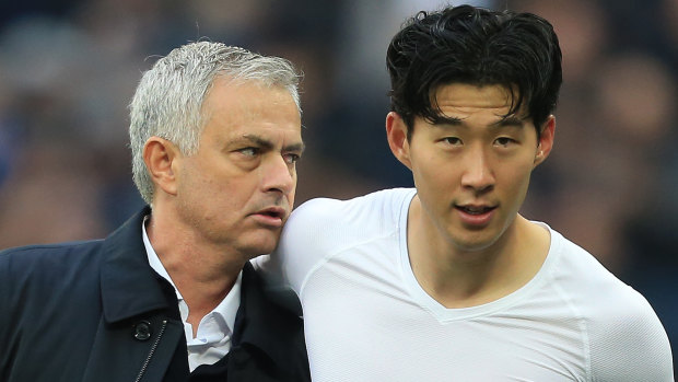 Jose Mourinho embraces Heung-Min Son after the defeat of West Ham at London Stadium.