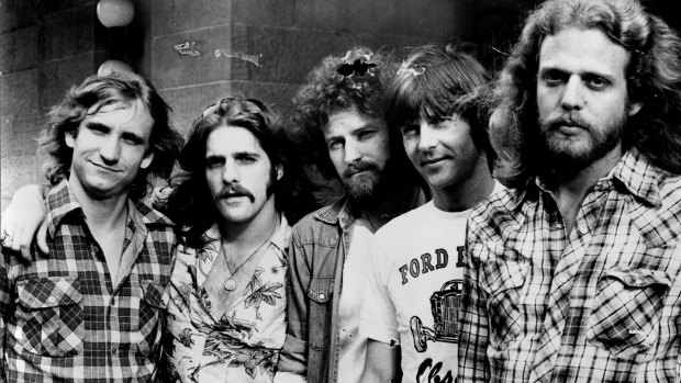 Joe Walsh (far left) with Glenn Frey (second from left) and Don Henley (centre) during the Eagles' 1976 Australian tour.