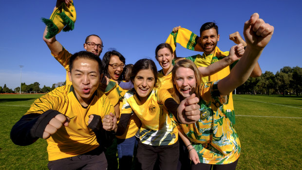 Anna Leonedas (centre) and Ili Jakab (rear, second from right) will be among those cheering on the Matildas at a Melbourne University Soccer Club event on Sunday evening.