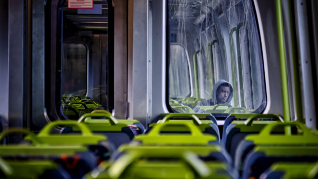 A nearly empty train during what would normally be peak hour.  