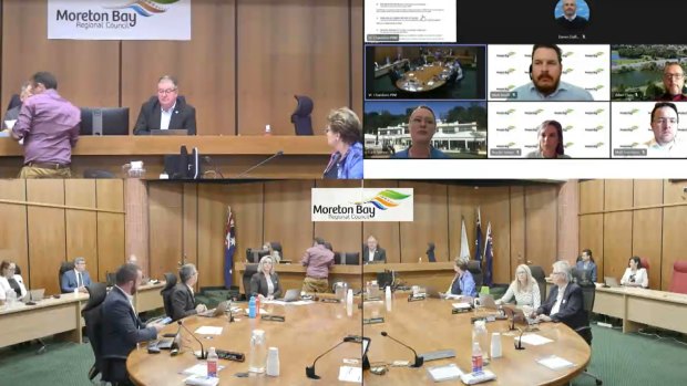 A screenshot from the Moreton Bay Regional Council public meeting livestream, as the legal documents are served.
