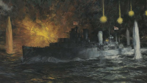 Painting of HMAS Perth hit by four torpedoes.