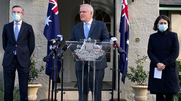 Scott Morrison announces the support measures with NSW Treasurer Dominic Perrottet and Premier  Gladys Berejiklian.